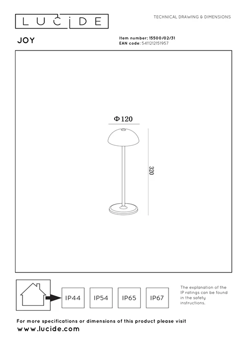 Lucide JOY - Oplaadbare Tafellamp Binnen/Buiten - Accu/Batterij - Ø 12 cm - LED Dimb. - 1x1,5W 3000K - IP54 - Wit - technisch
